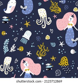 Seamless pattern with cute little mermaids. Creative undersea childish texture. Great for fabric, textile Vector Illustration