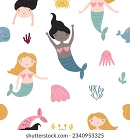 Seamless pattern with cute little mermaids and sea animals, vector illustration for nursery and textile decoration