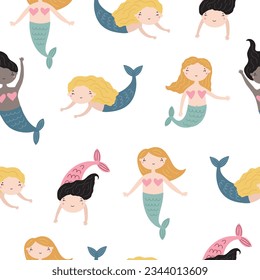 Patrón sin foco con pequeñas sirenas lindas, ilustración vectorial para vivero y decoración textil