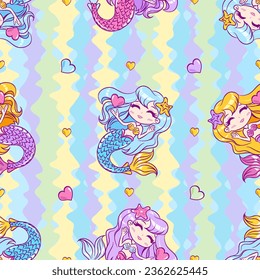 Seamless pattern of cute little mermaids with hearts for design on a reinbow background. Vector illustration.