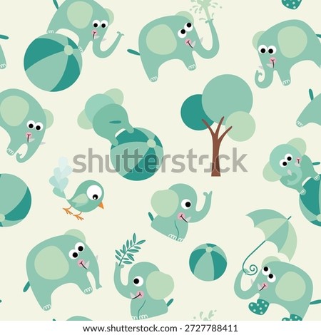 Seamless Pattern of Cute Little Mint Green Elephants Playing