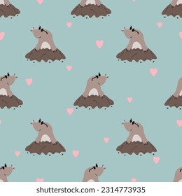 Seamless pattern with cute little moles. Vector cartoon animals illustration