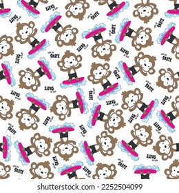 Seamless pattern of cute little monkey with a surfboard, Can be used for t-shirt print, Creative vector childish background for fabric textile, nursery wallpaper and other decoration.