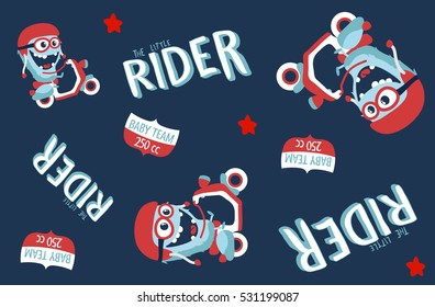 Seamless pattern. Cute little monster riding a scooter with a red helmet. Editable vector design