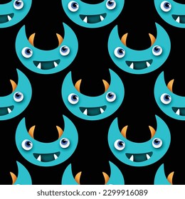 Seamless Pattern with Cute Little Monsters. Surreal Design on Black. Pop Art Cartoon Style with Stains. Endless Texture. Vector 3d Illustration