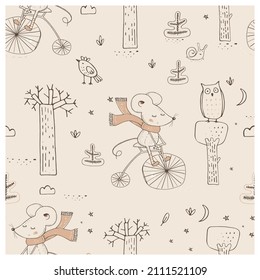 patrón impecable. Pequeño y lindo ratón en bicicleta. Ilustración vectorial dibujada por mano