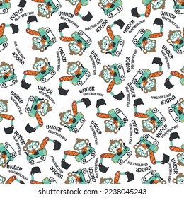 Seamless pattern of Cute little nonkey on excavator. Can be used for t-shirt print, kids wear fashion design, print for t-shirts, baby clothes, poster. and other decoration.