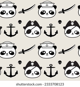 Seamless pattern cute little panda sailors and pirate, vector illustration