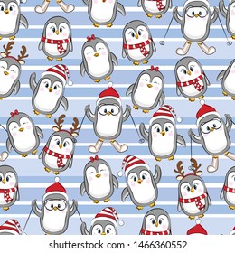 Seamless pattern of cute little penguins in funny. Winter holidays and activities. Vector illustration.