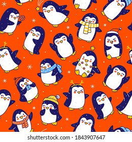 Seamless pattern with cute little penguins on red - cartoon characters background for funny Christmas and New Year holidays textile and wrapping paper design