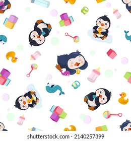 Seamless pattern with cute little penguins with cubes, rattle, fluffy pacifier, bottles.