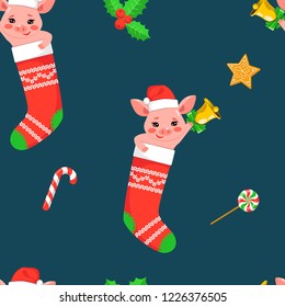 Seamless pattern with a cute little pig in Christmas stocking Vector illustration of a cartoon character of the sign of year 2019