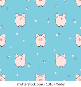 Seamless pattern with cute little pigs on blue background. Vector illustration for kids design.