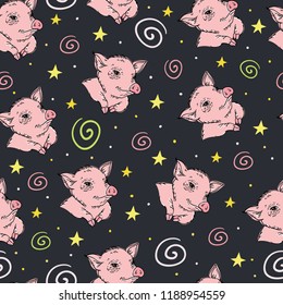 Seamless pattern with  cute little pigs and stars on dark background. Textile design, wallpaper, packaging paper.