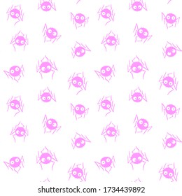 Patrón sin foco de adorables arañas rosadas sobre fondo blanco. Textura vectorial de Halloween