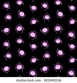Patrón sin foco de adorables arañas rosadas sobre fondo negro. Texturas vectoriales de Halloween