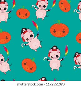 Seamless pattern cute little pirate pig cartoon with rainbow sword and funny pumpkin.Trick or treat.Happy halloween concept.Character design.Vector illustration.
