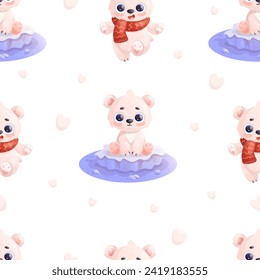 Seamless pattern with cute little polar bear on ice floe on white background. Vector illustration in cartoon style. Kids collection