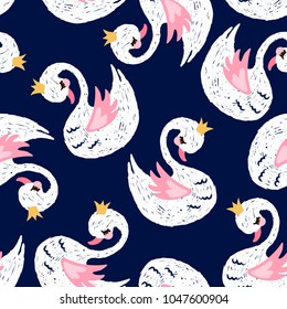 Seamless pattern with cute little princess swan. Cartoon hand drawn vector illustration. Can be used for fashion print design, kids wear, greeting and invitation card.