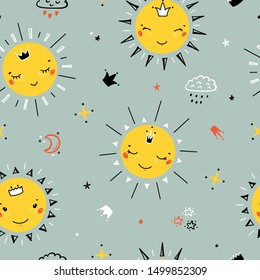 Seamless Pattern with Cute Little Princess Suns, Clouds and Crowns. Cartoon Doodle Funny Happy Sun Face Vector Illustration. Sky Vector Background for Kids Fashion, Scandinavian Nursery, Baby Shower