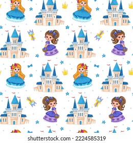 Seamless pattern with a cute little princess in a ball gown and a palace. Royal castle in a fun children's style. Vector illustration for print clothes, postcards, textiles. For little girls