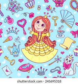 Seamless pattern with cute little princess. Cartoon vector background.