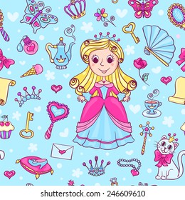 Seamless pattern with cute little princess in the pink dress. Cartoon vector background.