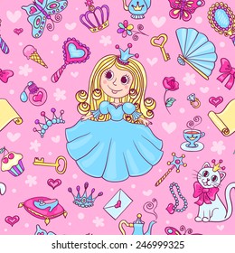 Seamless pattern with cute little princess in the blue dress. Cartoon vector background.
