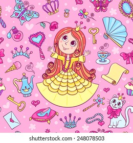 Seamless pattern with cute little princess in the yellow dress. Cartoon vector background.