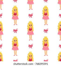 Seamless pattern with cute little princess and bows. Vector background with cute girl. Funny baby.