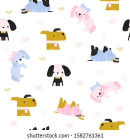 Seamless pattern with cute little puppies. Childish pastel print. Vector hand drawn illustration.