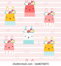 Seamless pattern with cute little rabbit with floral wreath. Childish pastel print. Vector hand drawn illustration.