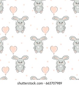 Seamless pattern with cute little rabbits and balloons. Baby print. Vector romantic background.