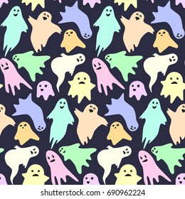 Seamless Pattern With Cute Little Scary Colorful Ghosts On Dark Background. Nice Kids Spooky Halloween Texture For Textile, Wrapping Paper, Cover, Background, Wallpaper, Surface, Web Design