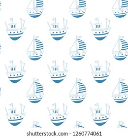 Seamless pattern of cute little ships. Vector illustration.