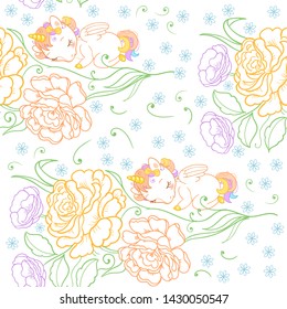 Seamless pattern with cute little sleeping baby unicorns, beautiful garden flowers. For baby and kids design templates.
