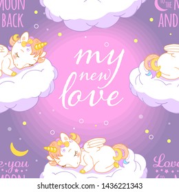 Seamless pattern with cute little sleeping baby unicorns, clouds and typography insignia. For baby and kids design templates.