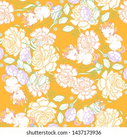 Seamless pattern with cute little sleeping baby unicorns, beautiful garden flowers. For baby and kids design templates.