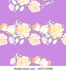 Seamless pattern with cute little sleeping baby unicorns, beautiful garden flowers. For baby and kids design templates.