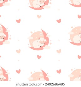 Seamless pattern with cute little sleeping sheep on moon on white background. Vector illustration for design, wallpaper, packaging, textile. Kids Scandinavian collection in pastel colors 