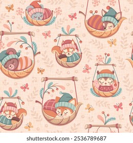 Seamless pattern with cute little sleeping animals sleeping in leaf hammocks. Baby bear, fox, squirrel, mouse, owl and deer. Repeated surface vector design.