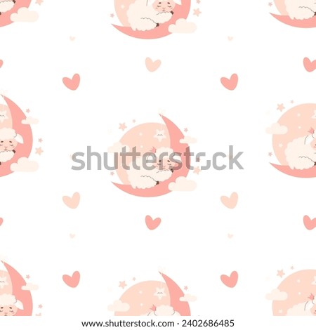 Seamless pattern with cute little sleeping sheep on moon on white background. Vector illustration for design, wallpaper, packaging, textile. Kids Scandinavian collection in pastel colors 
