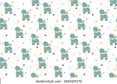 Seamless pattern of cute little smiling brontosaurus and a butterflies are facing each other. Cartoon dinosaurs. White background. Cheerful children's endless texture on the friendship theme. Vector.