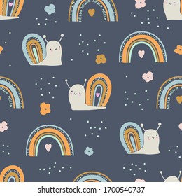 Seamless pattern with cute little snails. Hand drawn vector illustration for kids