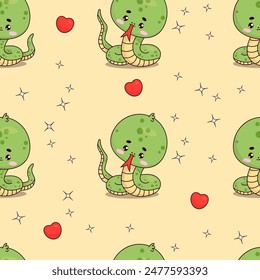 Seamless pattern with cute little snake on yellow background. Cartoon funny kawaii reptile character. Vector illustration. Kids collection