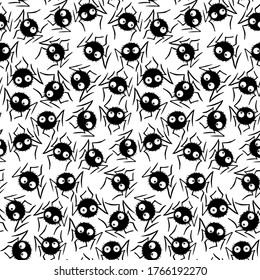 Nahtlose Muster süßer kleiner Spinnen mit Augen. Halloween-Vektorhintergründe und -texturen. Schwarz-Weiß, einzeln, handgezeichnet
