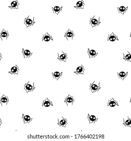 Seamless pattern of cute little spiders with eyes. Halloween vector backgrounds and textures. Black and white, isolated, hand drawn illustration