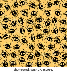 Seamless pattern of cute little spiders with eyes. Halloween vector backgrounds and textures. Isolated, hand drawn illustration