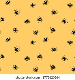 Seamless pattern of cute little spiders with eyes. Halloween vector backgrounds and textures. Isolated, hand drawn illustration