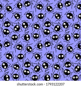 Seamless pattern of cute little spiders with eyes. Halloween vector backgrounds and textures. Isolated, hand drawn illustration